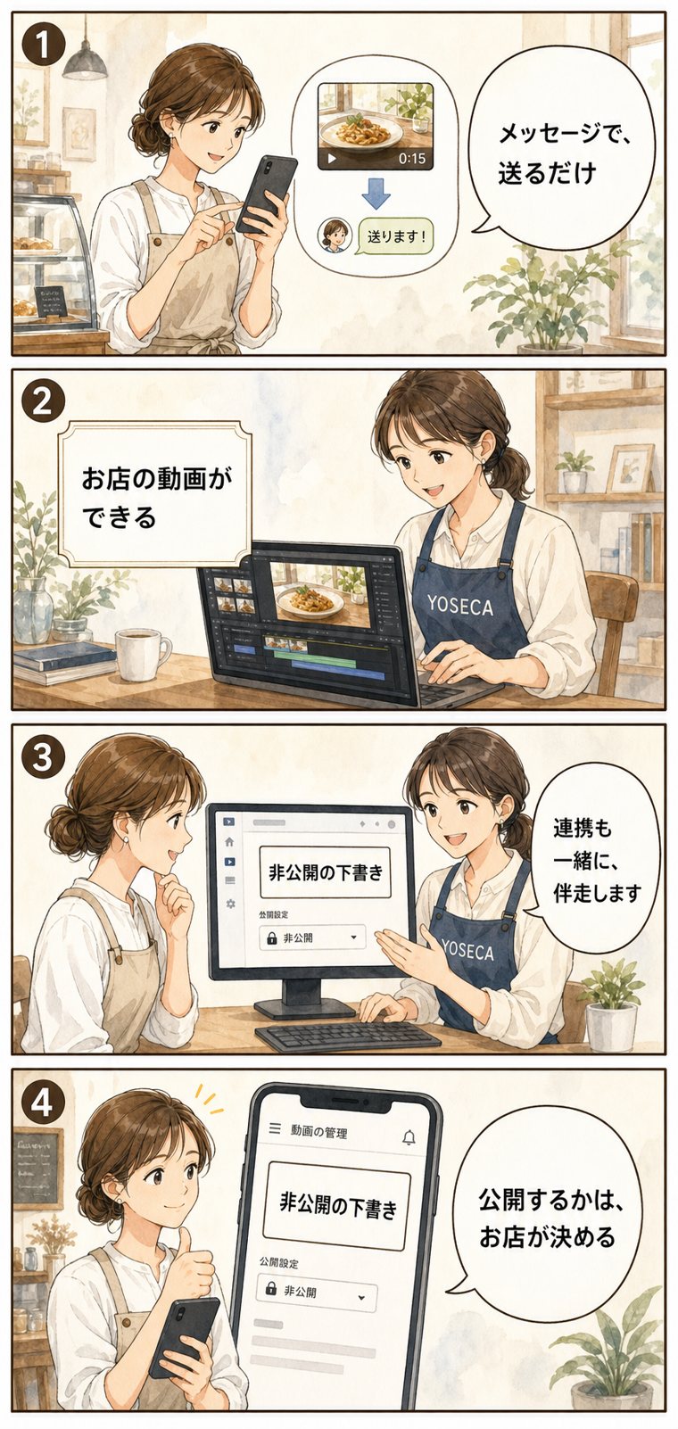 公式LINEで送る→ヨセカが動画化→非公開の下書きに保存 4コマ漫画