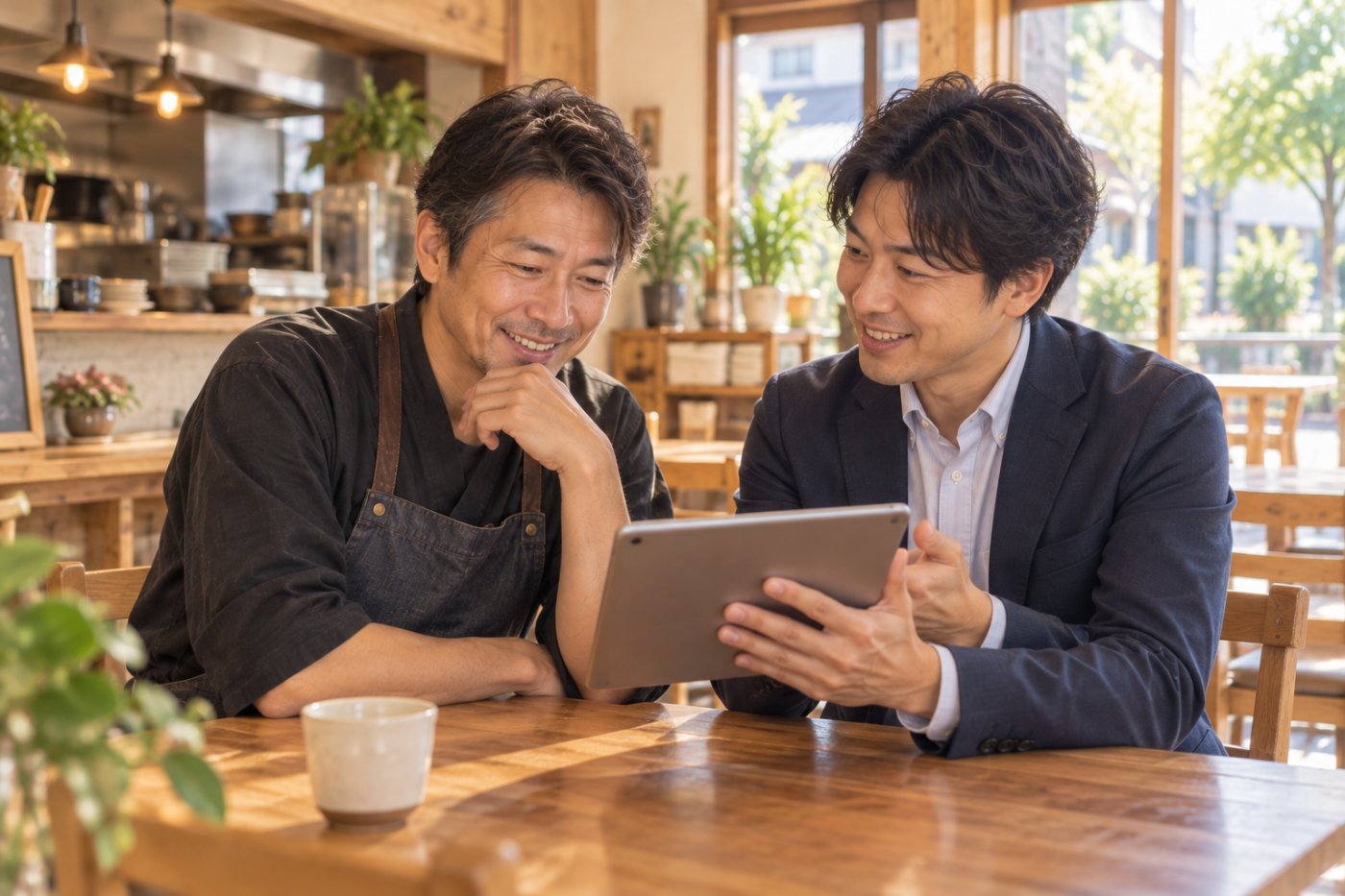 店主と相談しながらタブレットを見る様子
