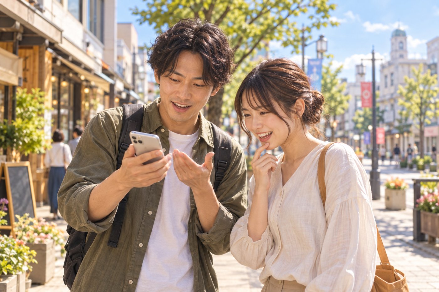 スマホに話しかけてお店を探す二人