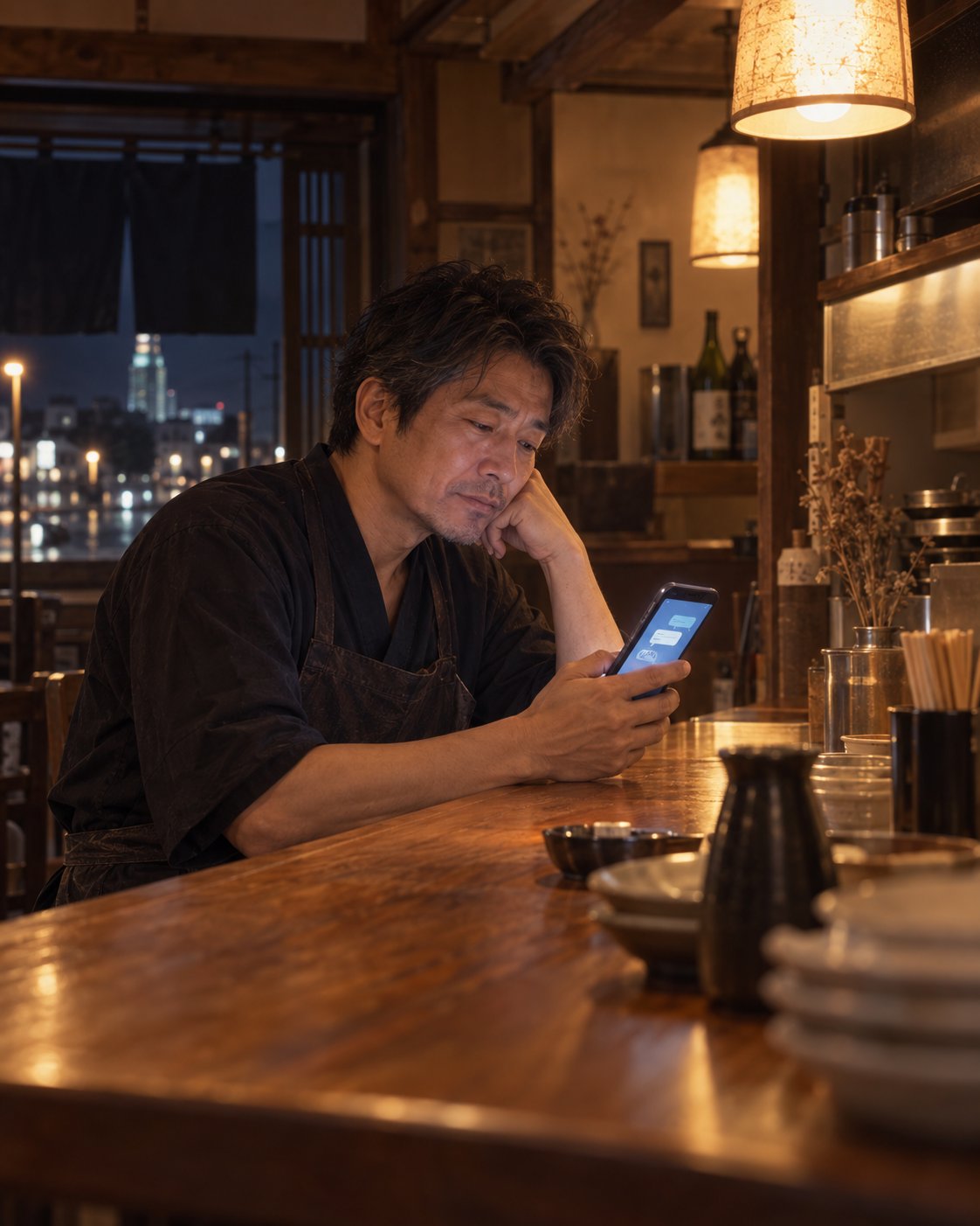 閉店後のカウンターで、スマホを見つめる店主